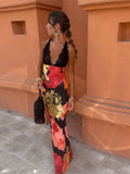 Women Chic Printed Lace Patchwork Long Dress Sexy Off Shoulder Backless V-neck Bodycon Vestidos 2024 Summer Lady Prom Party