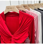 High Stretchy Tee Women's Full Sleeve Criss-Cross V-neck Tshirt Soft Sheath T-shirts Tops for