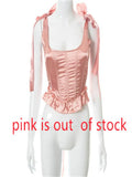 Solid Square Collar Patchwork Sleeveless Backless Lace Ribbons Y2K Corset Tops Summer Women Sweety Sexy