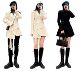 Women Blazer Dress long slim Patchwork Asymmetry Vintage Women Coat Jackets Black Apricot Bandage Fashion