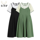 Dress Shirt Round Neck Straps Two Piece Set Short Sleeve Casual Fashion High Waist Baggy Vintage Long Skirt Ladies