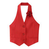 2025 New Women's Flower Decoration Hanging Neck Solid Color Vest Wrap Hip Flower Skirt