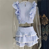 Plaid Ruffle Crop Top And Shorts Set- Outfit