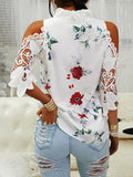 Hollow Out Printed Women Blouses Summer Female Strapless Blouse Casual Tops V-Neck Elegant Short Sleeve Lace Shirts