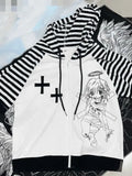 Cartoon Print Kawaii Harajuku Tee Shirts Women Y2k Casual Striped T-Shirt Tops Patchwork Zipper Hooded Gothic