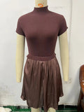 Zingj Parquet Small Turtleneck Dress Short Sleeve Pleated Knit Elegant Pure Color Slim Mini Dress Woman-Outfit