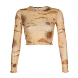 Sexy Mesh Long Sleeve T-shirt Women Harajuku Transparent Crop Top T Shirt Ladies Print Streetwear Summer Spring