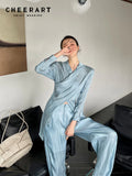 Glitter 2 Piece Sets Womens Outfits Wrap Top And Pants Sets Light Blue Designer Top Bloues Clothes For Women