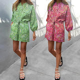 Spot 2025 New Fashion Print Stand Collar Print Rope Shirt Jumpsuit