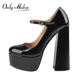 Onlymaker Women Pumps Mary-Jane Platform Black Pink Chunky 16CM High Heels Ankle Strap Dress Party Hoof Heel Plus Size