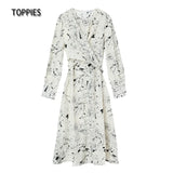 2021 Long Dress for Women O Neck Long Sleeve Fashion Print Chic Belt zipper Loose Midi Dress