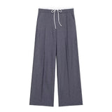 Leisure Wide-Legged Pants 2025 Spring Bump Color Double Belt High-Waisted Trousers