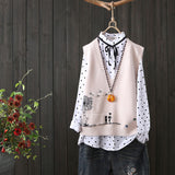 Embroidery V-neck Knitted Sweater Vest Female Literary Fan Loose Sleeveless Cartoon Pattern Sweater Vest Women