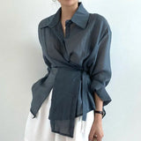Zingj Chic Simple Temperament Lapel Single Breasted Irregular Tie With Waist Thin Long Sleeve Anti-Sai Shirt
