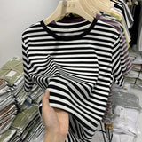 Striped Short-Sleeved T-Shirt Women's Loose Summer 2023 New Style T-Shirt Round Collar Half-Sleeved Shirt Ins