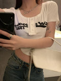 Retro Graffiti Print Elastic T Shirt Women Sexy Slim Crop Top Black Short Sleeve O-neck Tops Grunge Tee Tops