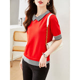 Photo Doll Collar Jacket Female Summer Ice Silk Short-Sleeve T-Shirt False Two Striped Knit Half Sleeve Small