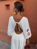 Flower Print Women's Lantern Sleeve Long Dress Sexy V Neck Backless Lace Up Loose Vestido 2024 Chic Lady Vacation