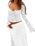 Women Lace Floral Hollow Out Cropped T-shirts Tops Long Flare Sleeve V-neck Slim Fit Solid Tees Shirts Clubwear