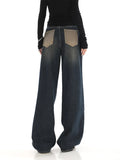 Zingj New Niche Design Contrast Jeans Women's High Street Blue Fur Mop Wide Leg