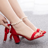 Cm Thick Heel Shallow Mouth With Velvet Sandals Round Head Square Sandals Beads Drifting Summer Sandals