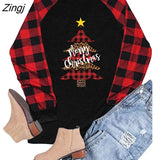 Christmas Tree Print Women T Shirt Contrast Buffalo Black and White Stitching Plaid Long Sleeves Tee Shirt