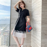 Women Lace Dress Summer 2020 Fashion Short Sleeve Striped Patchwork Zipper Loose Dresses S-3XL Women T-Shirt Dress
