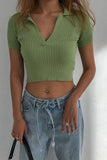 Top Female Polo Shirts Summer Short Sleeve T-shirt Women's Vintage Clothes Ribbed Solid Slim Knit Top Cropped Tees