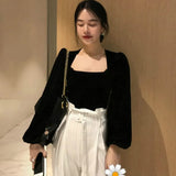 Women Solid Puff Sleeve Stylish Blouses Vintage Retro Simple Chic Velour Slim Womens Basic Long Sleeves Popular New