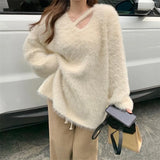 Zingj Fufu Soft Waxy Imitation Mink Wool Clothes Autumn Winter Gentle Lazy Wind V Collar Outside Wear A Loose Jacket-Outfit