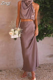 Satin Sexy Dress Women Sleeveless Two-Piece Formal Occasion Dresses A Line Summer Solid Casual Party Dress Sets