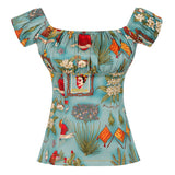 Print Black Blouse Summer Vintage French Female Casual Shirts Pin Up Rockabilly Slash Neck Sexy Women 50S 60S Rock