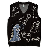 Knitted Sweater Vest Women Men Vintage Dinosaur Jacquard Waistcoat Female 2024 Loose Y2k All-match Pullover