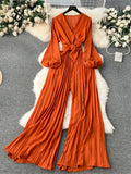 V Neck Jumpsuits for Women Long Puff Sleeve Belt Design Loose Wide Legs Pleated Pants Streetwear Fashion OL