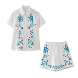 Spring / Summer Holiday Wind New Women's Cotton And Linen Embroidered Short Sleeve Shirt Drawn Rope Shorts Two