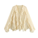 2025 New Women's V-Neck Single Buckle Long-Sleeved Cascade Decorative Shirt 10
