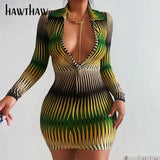 Women Autumn Long Sleeve V Neck Printed Gradient Bodycon Green Mini Dress 2021 Fall Clothes Wholesale Items