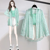 Women 3 Pieces Shorts Sets Summer Korean Knitted Vest+plaid Long Sleeve Sunscreen Coat+ Denim Shorts Sets Casual Women