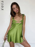 Sleeveless Satin Mini Dress Women Sexy Hollow Out 2022 Summer Green Y2K Brown Bandage Party Dresses