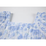 Broken Flowers Dress French Square Neck Puff Short Sleeve High Waist Casual Fashion Baggy Long Skirt Ladies