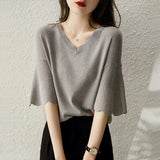 Ice Silk Knitting Shirt Petal Sleeve V-neck Loose T-shirt Ladies Half Sleeve Casual Tops Female Fashion Clothing