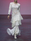 Fashion Sexy Style Dress Woman 2025 Spring New Round Lace Long-Sleeved Skirt Perspective Senior Long