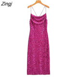 Women High Street Spagheeti Strap Sequined Split Midi Dress Female Backless Zipper Lace Up Party Sling Vestidos