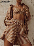 Tracksuit Stripe Shirt Shorts Three Piece Set Long Sleeve Top And Mini Shorts Outfit Female 2022 Summer Lady New