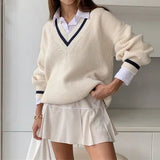 Women V Neck White Casual Preppy Style Korean Long Sleeve Jumpers Ladies High Street 2021 top Autumn Winter