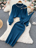 Winter Women Knitted Sets Fashion Breading Long Sleeve Pearl Sweater+Knitted Camis Dress Sets Fashion Sweater