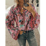 Women Print Blouses Casual Loose Tops Stand V Neck Long Sleeves Button Plus Size Pullover Female Tee Shirts