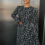 Zingj 2023 New Fashion Temperament Horn Sleeve Floral Dress Round Collar Waist Design Sense Long Skirt-Outfit