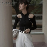 Sexy Long Sleeve Top Cold Shoulder Black T Shirt Women Tight Designer Ladies Top Underwear Tee Shirt Fall