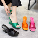 Zingj High Heel Slippers Female Summer Square Head Solid Color A Word Wear Fashion Versatile Ladies Large Size